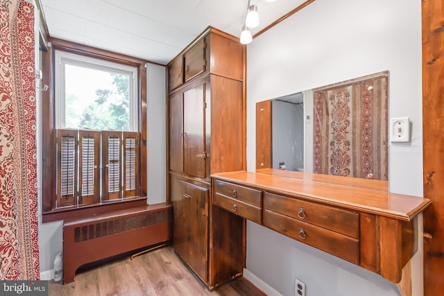 interior space featuring vanity, hardwood / wood-style flooring, and radiator heating unit