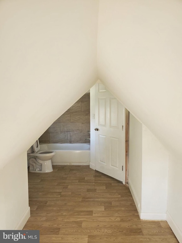 additional living space with hardwood / wood-style flooring and lofted ceiling