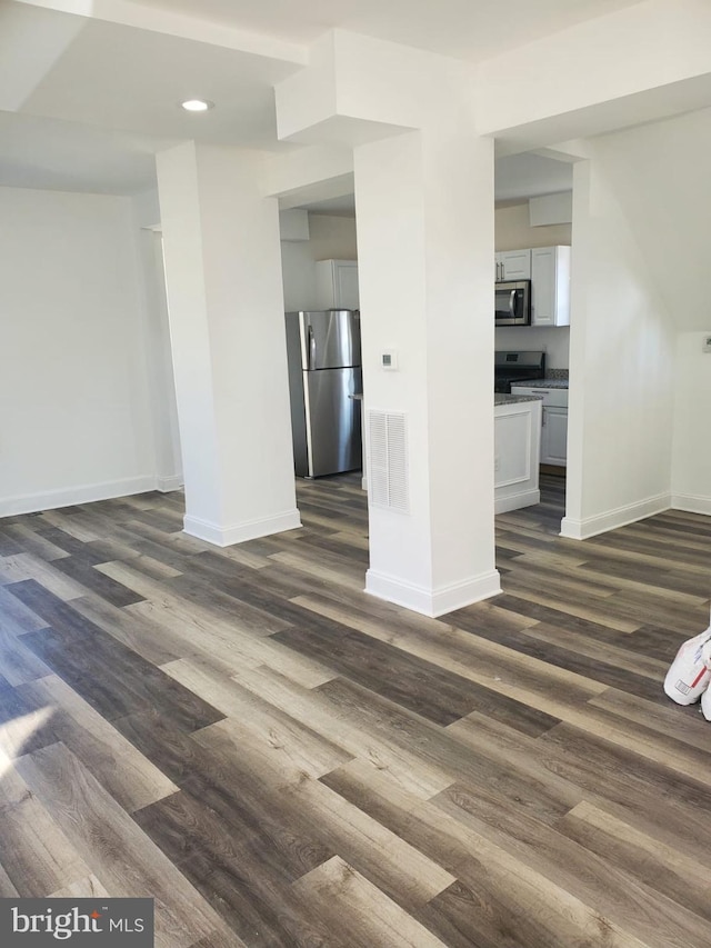 unfurnished living room with dark wood-type flooring