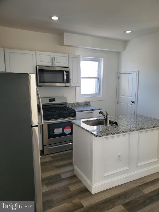 kitchen featuring white cabinetry, sink, dark hardwood / wood-style floors, and appliances with stainless steel finishes