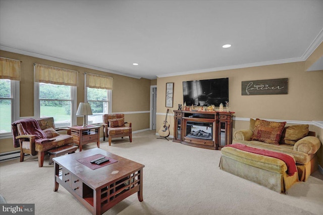 living room with carpet, crown molding, and a wealth of natural light