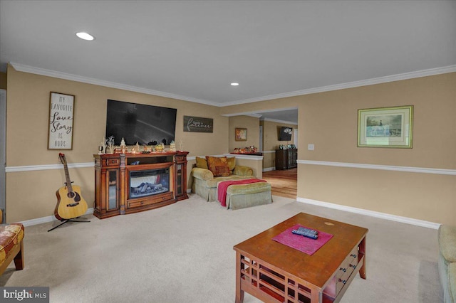 carpeted living room with crown molding