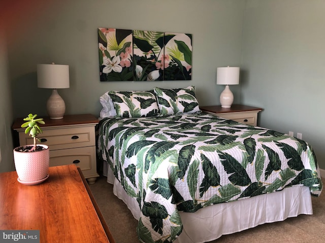 bedroom featuring dark colored carpet