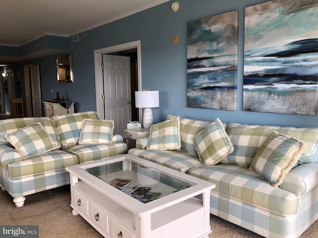 living room featuring carpet and crown molding