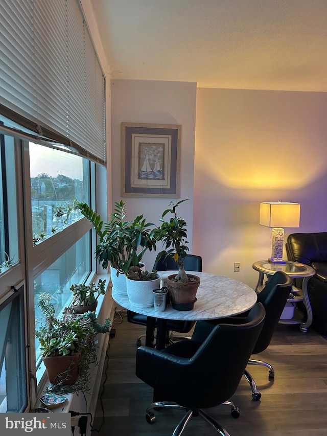 dining space with wood-type flooring