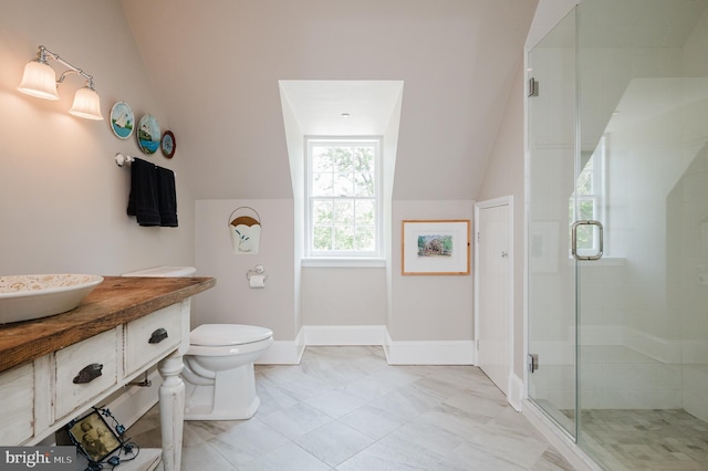 bathroom featuring toilet, tile flooring, walk in shower, vanity, and lofted ceiling