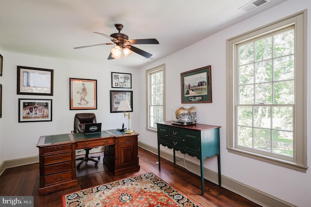 office space with ceiling fan and dark hardwood / wood-style floors