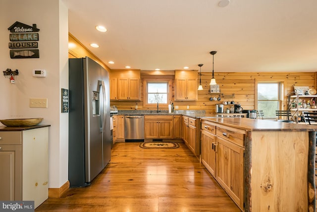 kitchen with appliances with stainless steel finishes, wood walls, light wood-type flooring, and plenty of natural light