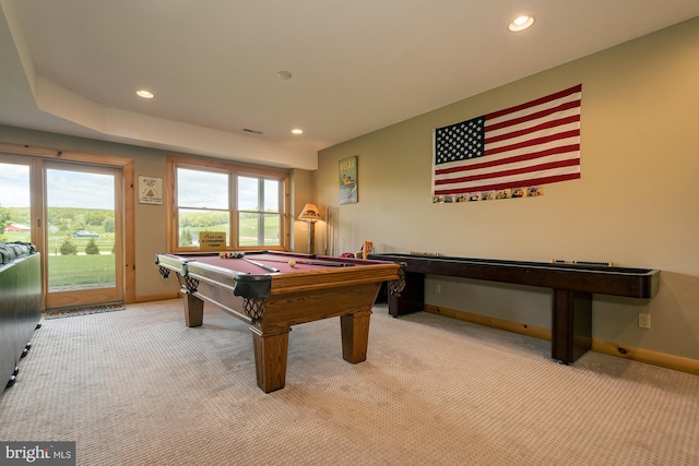 recreation room featuring light carpet and billiards