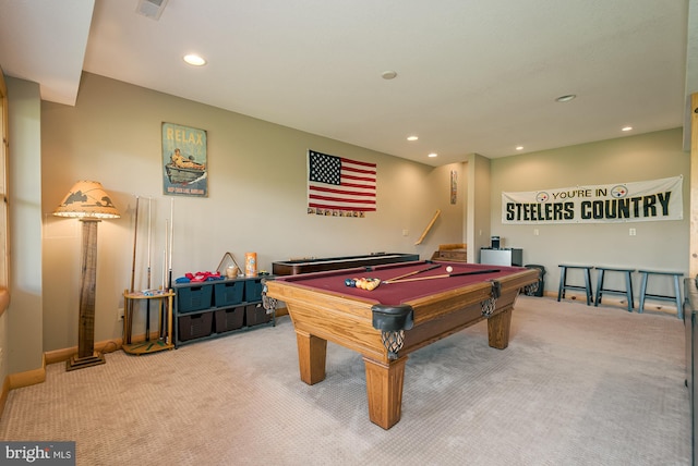 rec room with recessed lighting, pool table, carpet flooring, and visible vents