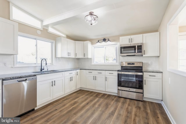 kitchen with stainless steel appliances, sink, backsplash, and dark hardwood / wood-style floors