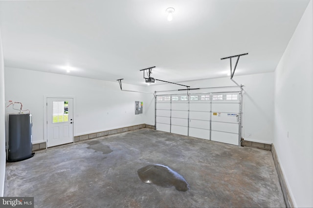 garage with electric panel, water heater, and a garage door opener