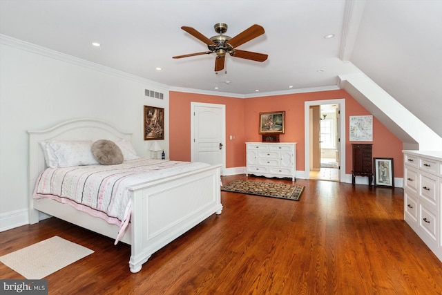 bedroom with dark hardwood / wood-style flooring, lofted ceiling with beams, ceiling fan, and ornamental molding