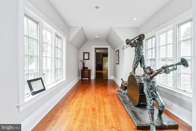 exercise area with vaulted ceiling and hardwood / wood-style flooring