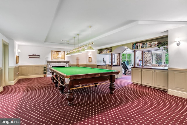 recreation room with carpet flooring, a tray ceiling, and billiards