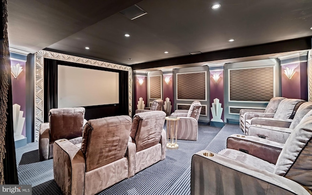 home theater with carpet flooring and ornate columns