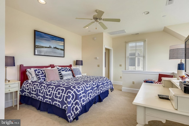 carpeted bedroom with ceiling fan