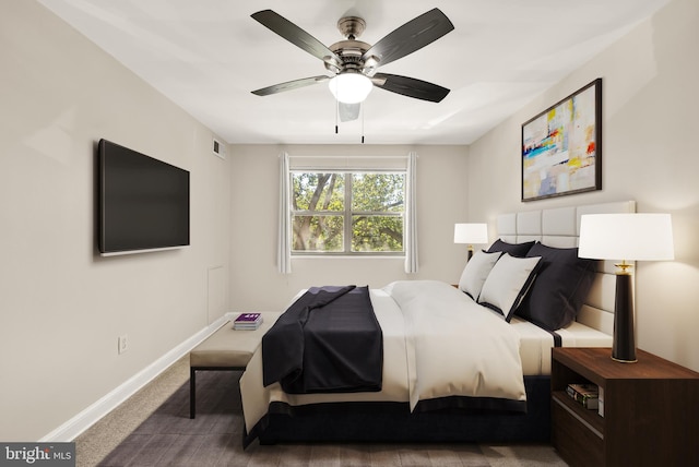 carpeted bedroom featuring ceiling fan