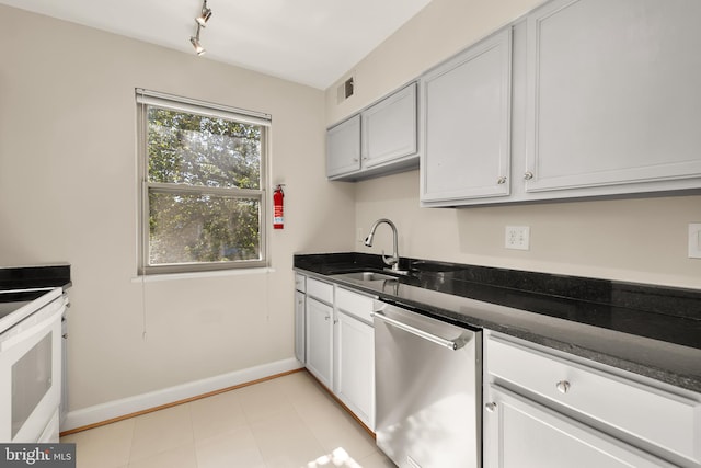 kitchen with dark stone countertops, sink, dishwasher, white electric range oven, and white cabinets