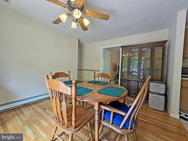 dining space featuring ceiling fan, light hardwood / wood-style flooring, and a baseboard heating unit