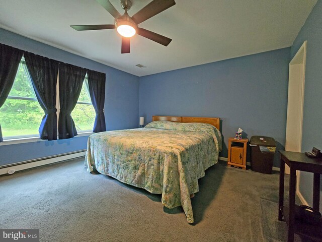 carpeted bedroom featuring ceiling fan and baseboard heating