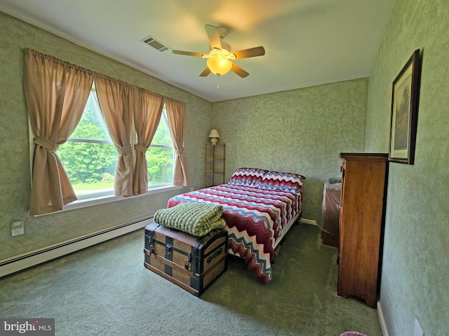 bedroom featuring carpet, ceiling fan, and a baseboard heating unit