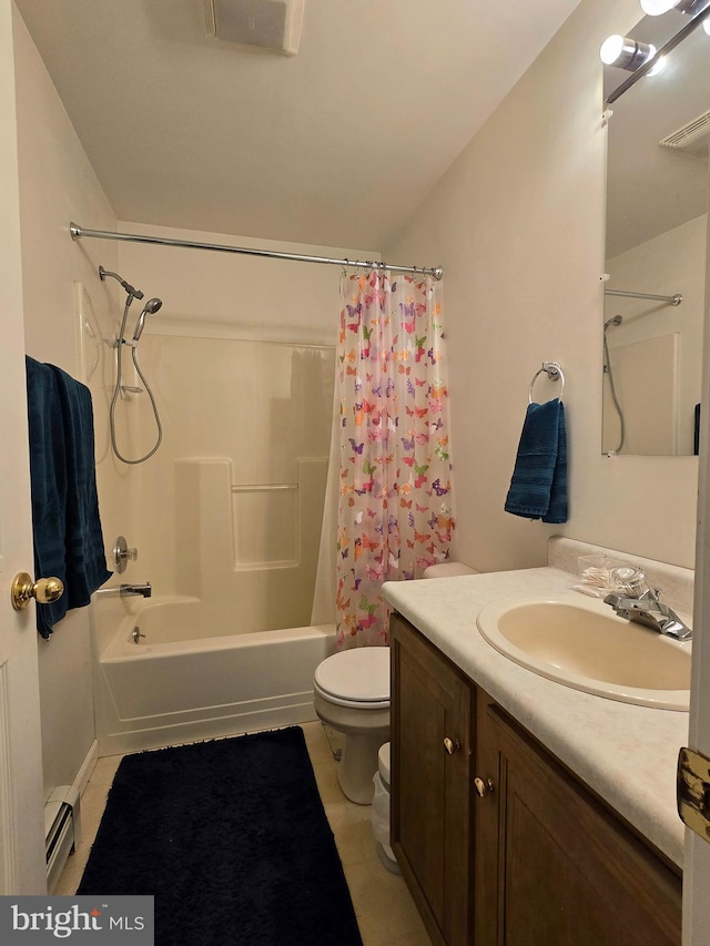 full bathroom featuring shower / bath combination with curtain, tile patterned flooring, toilet, a baseboard radiator, and vanity