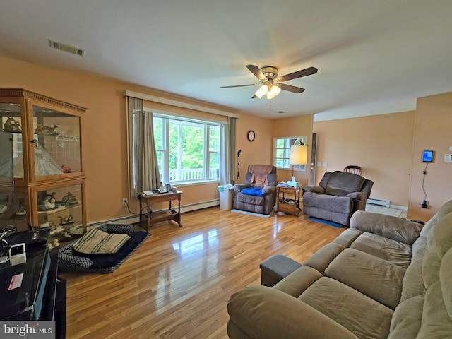 living room with a baseboard radiator, ceiling fan, and light wood-type flooring