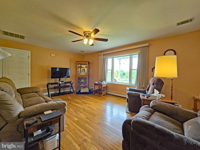 living room featuring light hardwood / wood-style floors, a baseboard heating unit, and ceiling fan