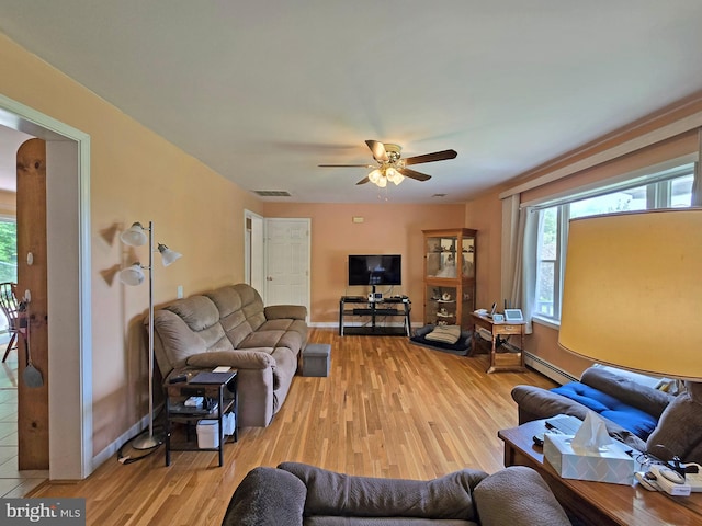 living room with light hardwood / wood-style flooring, a baseboard heating unit, and ceiling fan