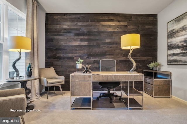 office area with wooden walls and carpet floors