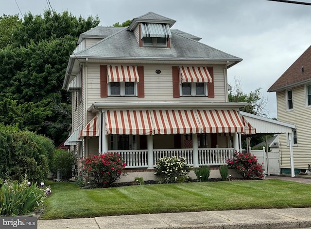 view of front of property with covered porch and a front lawn