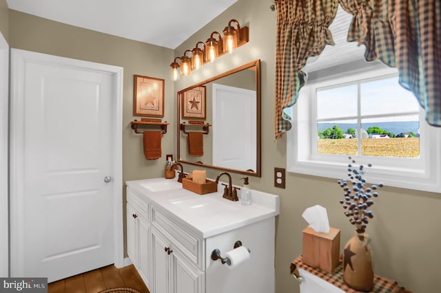 bathroom featuring double sink, hardwood / wood-style floors, and vanity with extensive cabinet space