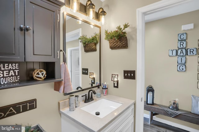 bathroom with wood-type flooring and vanity