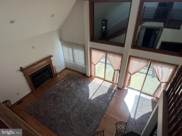 living room with wood-type flooring and high vaulted ceiling