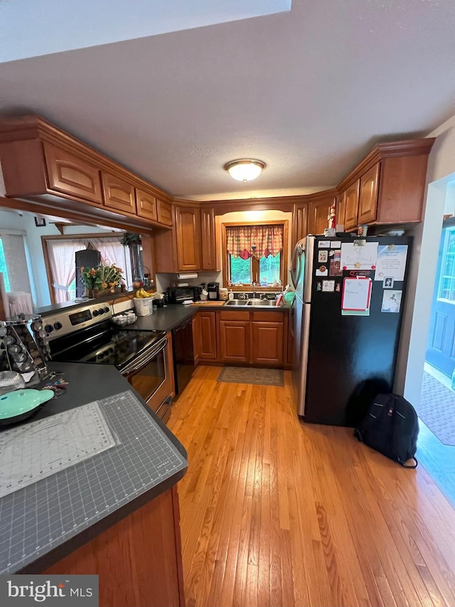 kitchen featuring appliances with stainless steel finishes, light wood-type flooring, a healthy amount of sunlight, and sink