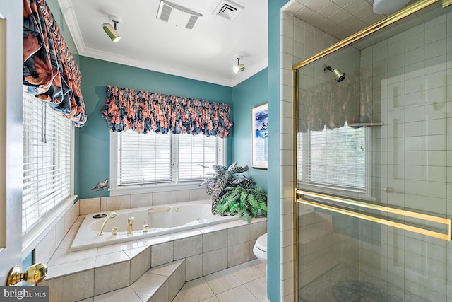 bathroom featuring tile flooring, ornamental molding, toilet, and independent shower and bath