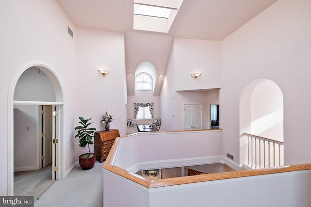 bathroom featuring high vaulted ceiling and a skylight