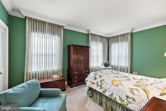 carpeted bedroom featuring crown molding, a closet, and multiple windows