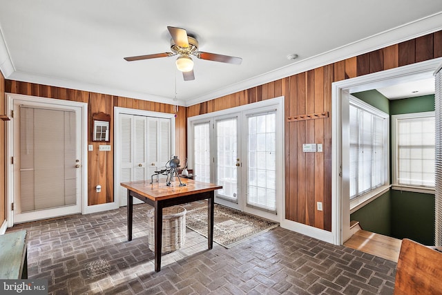 office space with a wealth of natural light, wooden walls, and ceiling fan