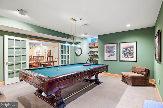 recreation room with french doors, carpet, and billiards