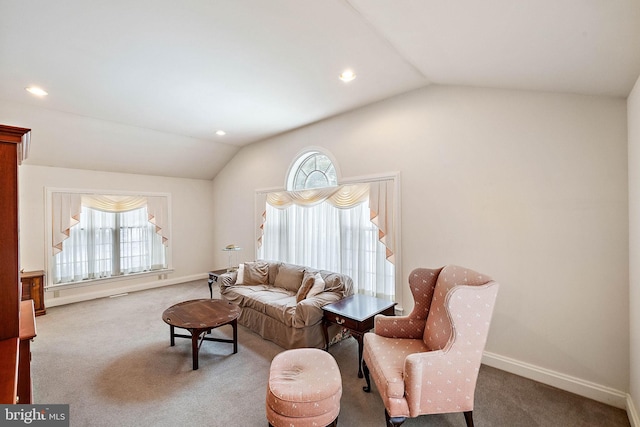 living room featuring plenty of natural light, carpet floors, and vaulted ceiling