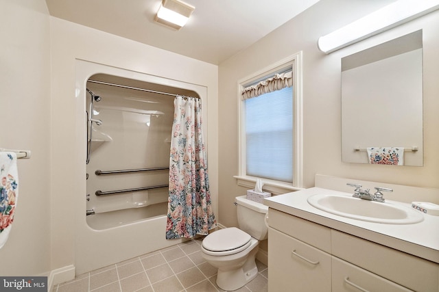 full bathroom with tile flooring, toilet, shower / tub combo with curtain, and large vanity