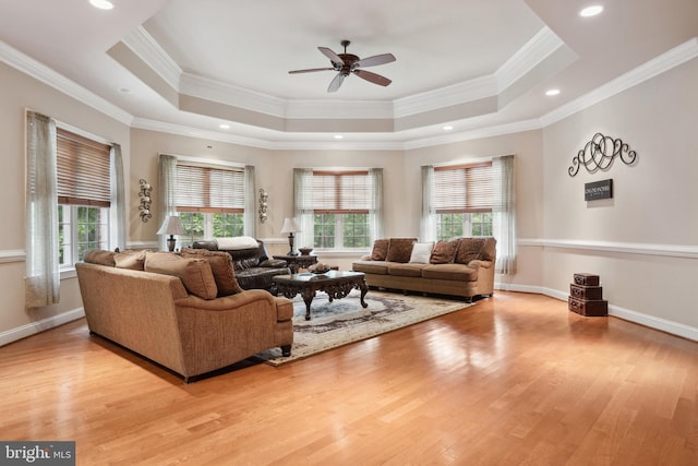 living room with a tray ceiling, ornamental molding, and light hardwood / wood-style flooring