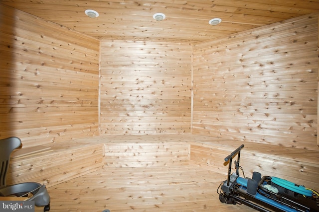 view of sauna / steam room with wood walls