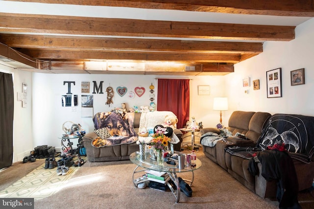 living room with carpet flooring and beam ceiling