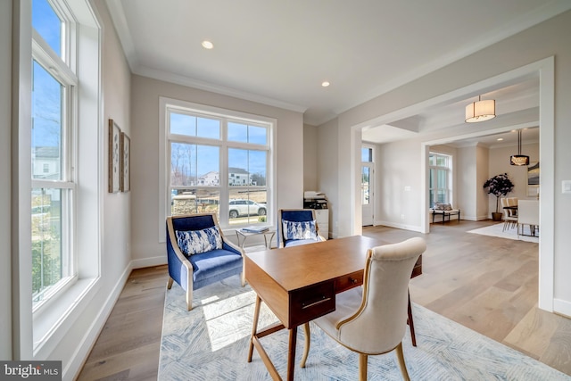 dining area featuring ornamental molding and light hardwood / wood-style floors