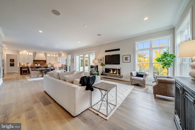 living room featuring plenty of natural light, light hardwood / wood-style flooring, and crown molding