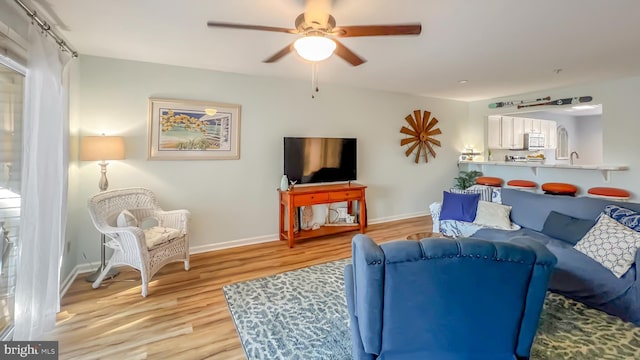 living room featuring ceiling fan and wood-type flooring