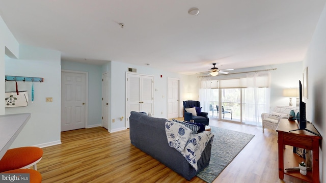 living room with ceiling fan and wood-type flooring